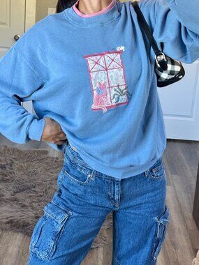 Vintage Gopher Sport Blue Cat Window Sweatshirt Embroidered Cozy 90s Cottagecore
